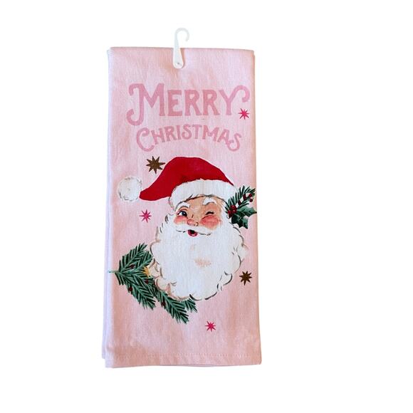 Set of 2  Pink Santa Christmas Kitchen Towels 18x28 Cotton Reto Holiday New - Picture 8 of 12
